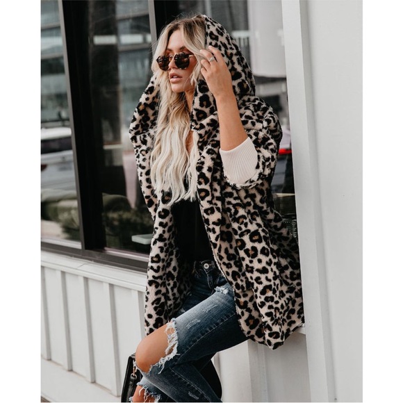 Women Leopard hooded jacket plush warm fuzzy jacket - Picture 3 of 7
